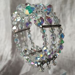 Triple Strand Vintage Memory Wire Crystal Clear Aurora Borealis Bracelet Small